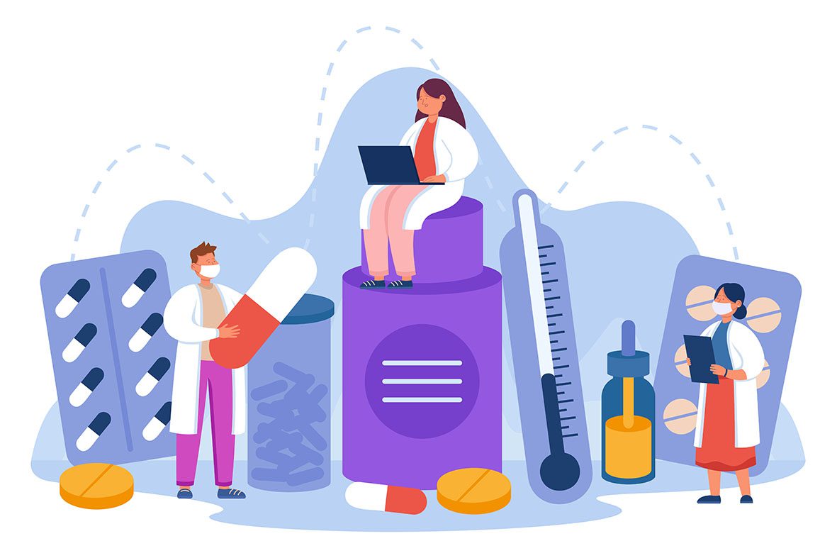 Illustration graphique de pharmaciens et médicamants